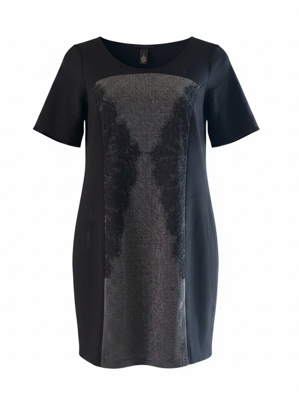 Lane Bryant Black Short-Sleeve Midi Dress with Lace Front Panel